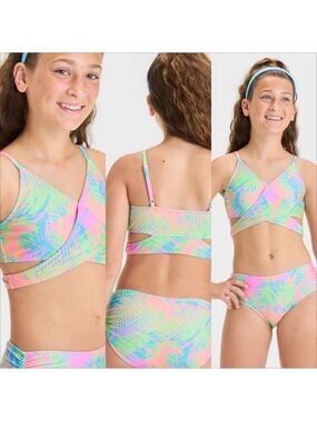 Art Class Girls Pink, Orange, Green Tropical Leaf Print  Bikini